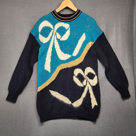 Vintage Womens Sweater Large Dana Scott Black Teal Holiday Embellished Tunic 90s - Picture 1 of 15